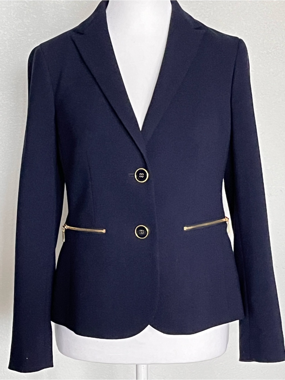 Talbots Navy Tailored Blazer with Gold Zipper Details Poly Blend Size 0P